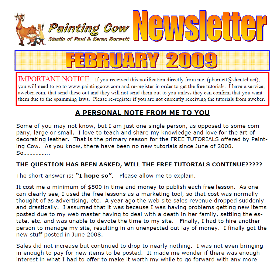 Painting Cow Newsletter – February 2009