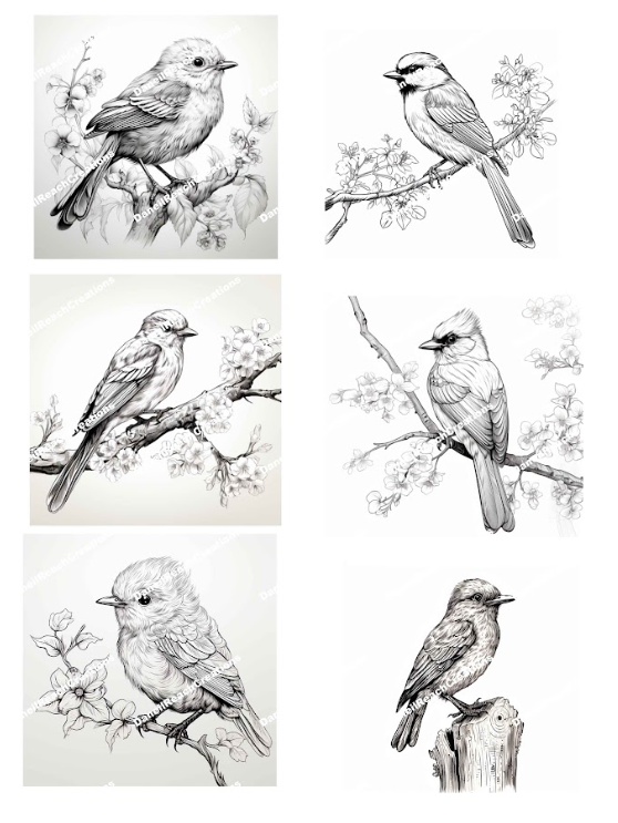 Set of six black and white illustrations of birds on branches with floral elements.