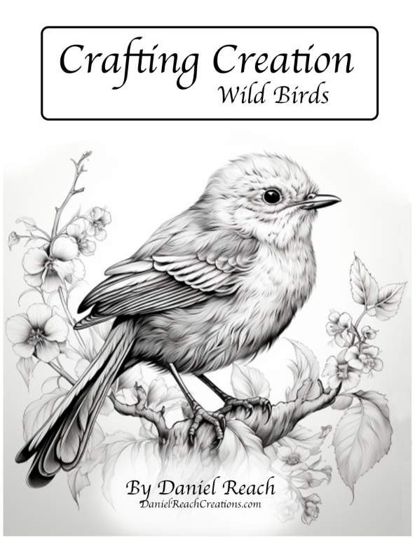 Illustration of a bird on a branch with flowers, titled 'Crafting Creation Wild Birds' by Daniel Reach.